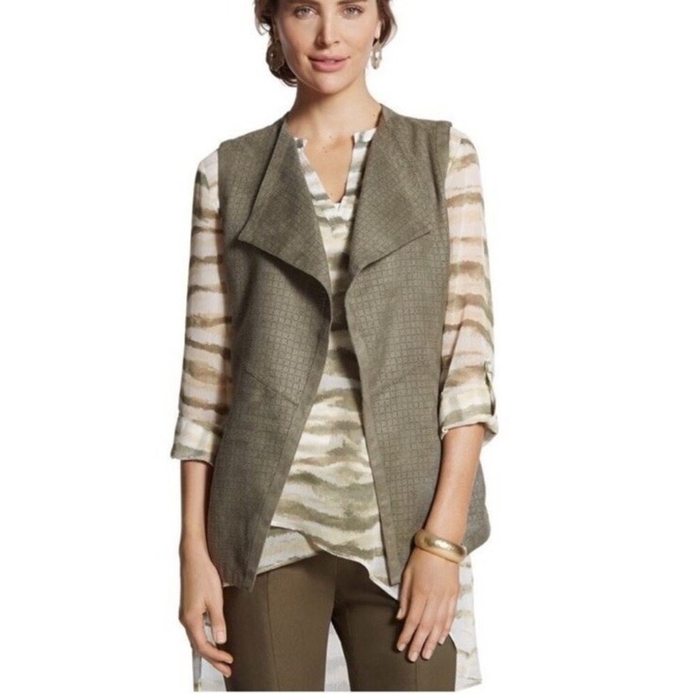 Chico's Drape Vest Women 3 Olive Green Faux Suede‎ Perforated Open Front Fatigue
